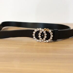 Aldo Belt Womens Small Black Faux Leather Fashion Embellished Rhinestone Buckle